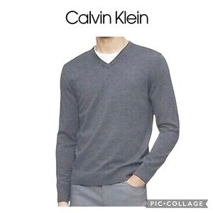 Calvin Klein Extra Fine Merino Wool V-Neck Sweater Gray Size Large